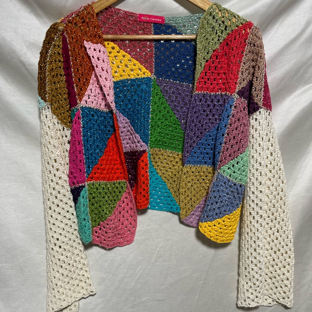 Rose Carmine Multicolor Patchwork Crochet Cardigan - image 1
